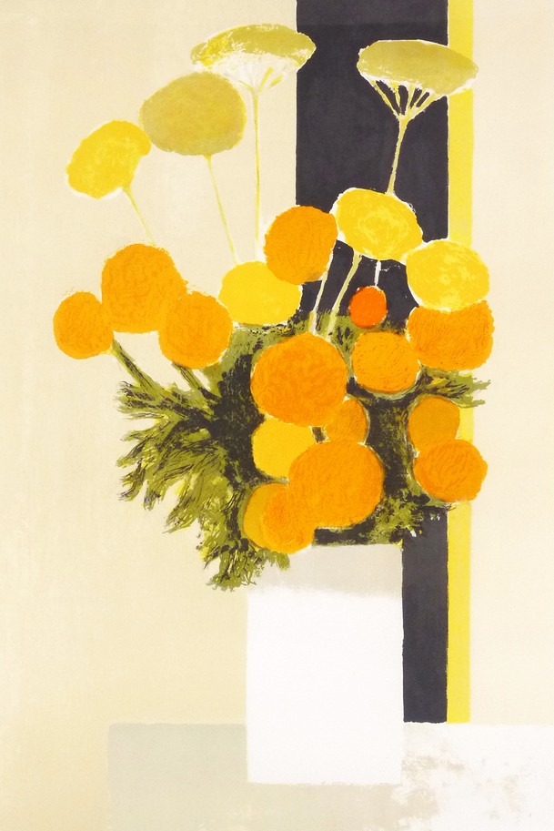 ベルナール・カトランの絵画作品　タイトルは、黒い線のあるマリーゴールドとのこぎり草